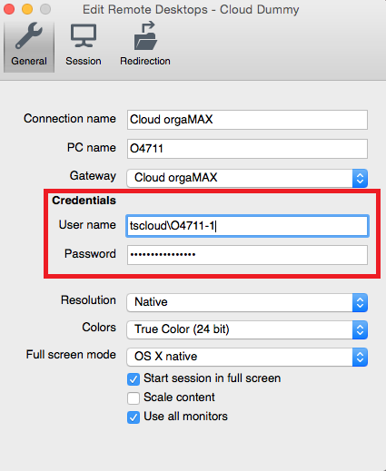 Gateway Name: Geben Sie einen Namen für das Gateway ein, zum Beispiel Cloud orgamax. Server: Hier muss www.orgamax-cloud.de:444 eingetragen werden.