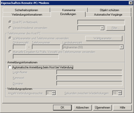 Fernsteuerung eines anderen Computers Einrichten eines Remote-Computers 117 6 Klicken Sie auf der Registerkarte "Einstellungen" unter "Telefonnummer des Host-PCs" auf "Wählparameter und Telefonnummer