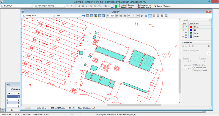 4.6.7 Einkaufszonen (Meeting Areas) Das Modellieren des Flächentyps Meeting Area, welche in der Simulation als Verkaufsflächen agieren, brauchen einen eindeutigen Namen und wird durch Point and Click