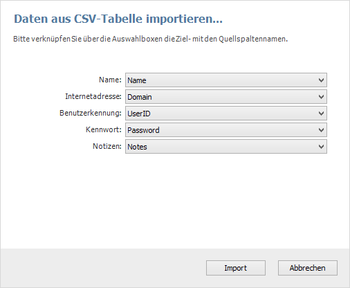 Abbildung 22: CSV-Tabelle importieren Ist dies erledigt, dann klicken Sie auf Import, um die CSV-Tabelle endgültig zu importieren.