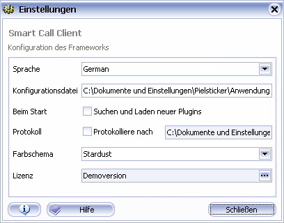 8.1 Framework konfigurieren Es öffnet sich zunächst der folgende Benutzerdialog: Sprache: Einstellung der Sprache Konfigurationsdatei: Verzeichnis und Name der Datei, in welche die Einstellungen