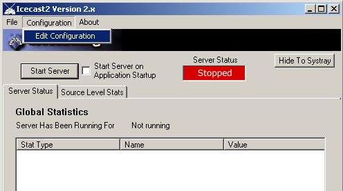 5. Konfiguration des Icecast2 Servers: Wenn ihr Icecast zum ersten Mal startet, sollte Server Status rot unterlegt mit Stopped bezeichnet sein.