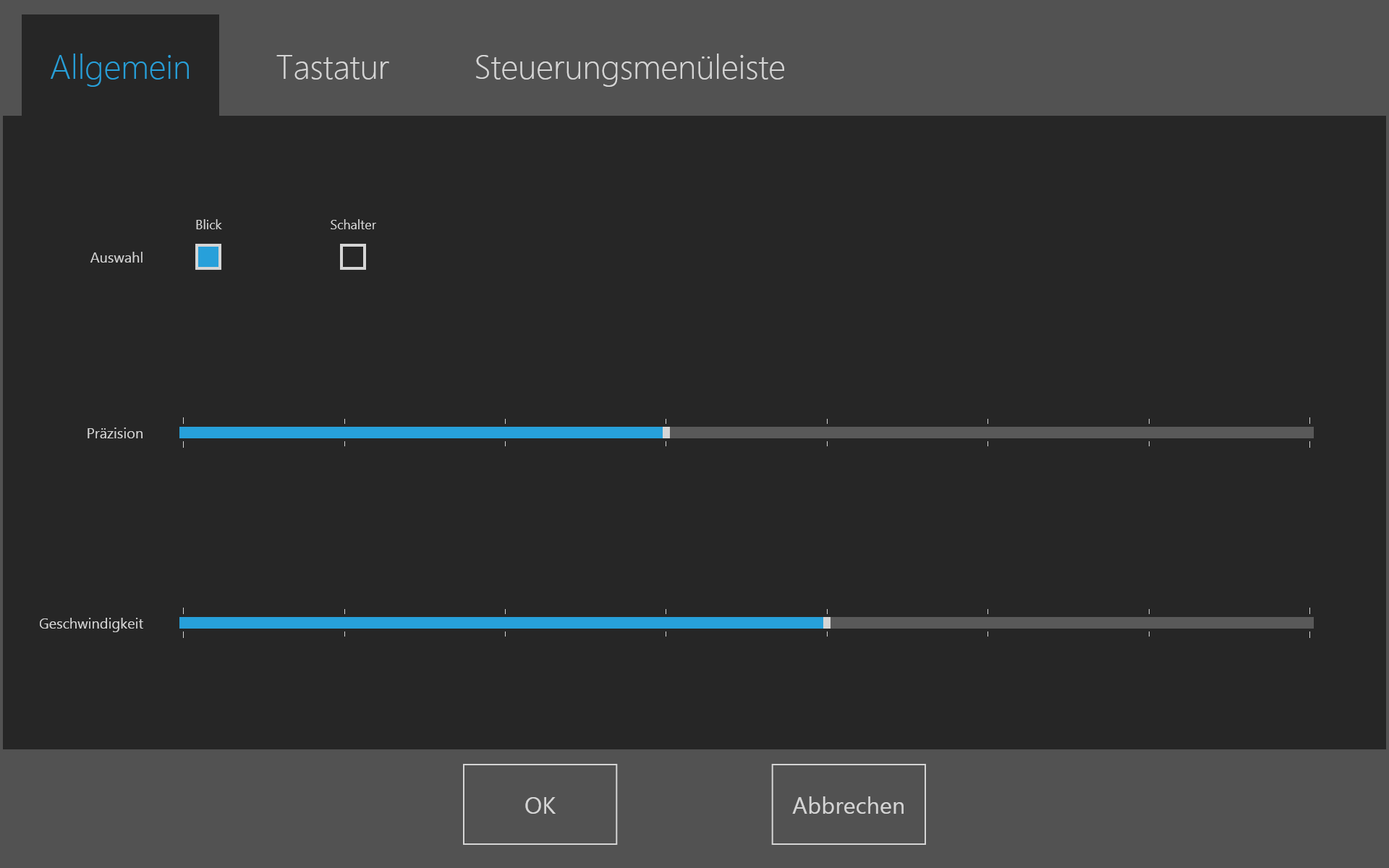 6 Gaze Selection-Einstellungen Das Dialogfeld Gaze Selection-Einstellungen wird per Gaze Interaction bedient und der Benutzer kann alle Änderungen ohne Tastatur und/oder Maus vornehmen. 6.