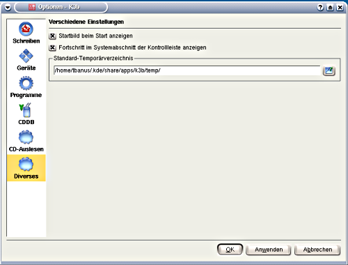 Seite 11 Optionen-Ripping Diverses: für User, die nur ein CD-Laufwerk haben, oder die ein Image zwischenspeichern wollen, kann hier der Pfad angepasst werden (je nach Partitionsgröße kann dies eine