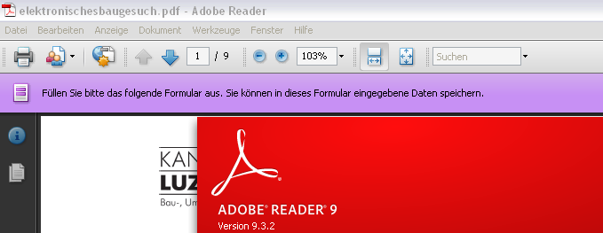 3. Den Untermenüpunkt Info über Adobe Reader auswählen Damit das elektronische Baugesuch einwandfrei funktioniert, müssen Sie mindestens die Version 8.0.