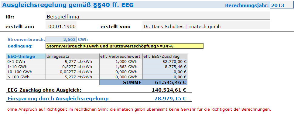 Beispielrechnung EEG-Umlage imatech gmbh Hauptstraße 21 D-94559