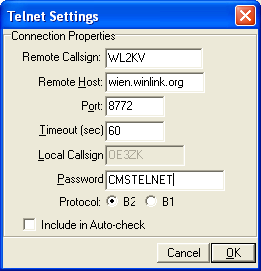 Telnet Konfiguration in 'Airmail': Zurück zum Options Fenster. Auch hier wird mit dem Häckchen neben Telnet Client die Telnetfunktion aktiviert. Mit 'OK kommt man zurück zum Hauptbildschirm.
