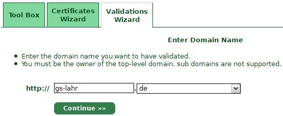 5. Statt eines Benutzernamens und eines Kennworts wird das vorher erstellte Zugangssertifikat verwendet. 6. Nach der Anmeldung klicken Sie auf Validations Wizard.