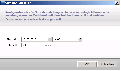Anpassen von Dashboard-Berichten Um die Einstellungen für den SRM-Tester zu konfigurieren, klicken Sie auf die Schaltfläche "Konfigurieren". Das Dialogfeld "SRM konfigurieren" wird geöffnet.