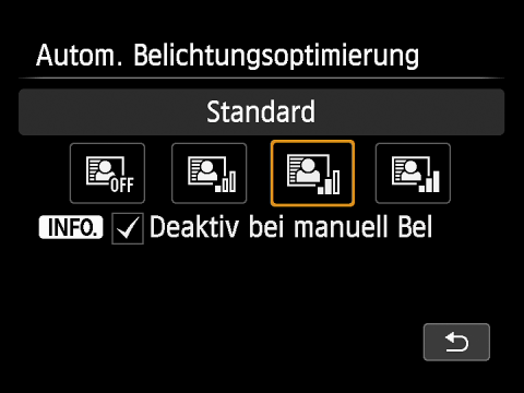 Die Belichtungsmessmethoden der EOS 650D Automatische Belichtungsoptimierung Wenn Sie wählen und zum Symbol für die Automatische Belichtungsoptimierung 7 wechseln, können Sie diese in vier