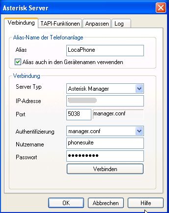 CLIENT (STAND-ALONE) Auf der Registerkarte Verbindung nehmen Sie folgende Eintragungen vor: Feld Alias LocaPhone Feld IP-Adresse IP-Adresse oder DNS-Hostname Ihres LocaPhone-Servers