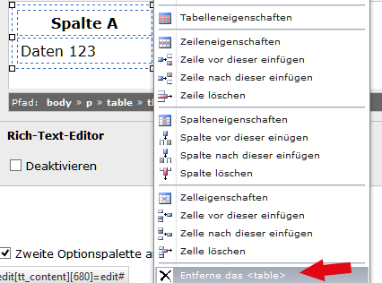 Zum Bearbeiten einer Tabelle stehen weitere Funktionen zur Verfügung: Ränder umschalten: Schaltet im Editor die Tabellenränder (Hilfsrahmen) sichtbar.