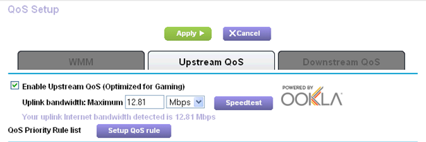 Priorisieren von Internet-Gaming Um dem Internetdatenverkehr von Ihrem Gaming-System über QoS eine hohe Priorität einzuräumen, melden Sie sich am Router an, und aktivieren Sie Upstream QoS.