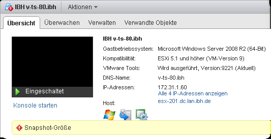 Alarm Subject: [VMware vcenter - Alarm Snapshot-Größe] Status von Snapshot-Größe wurde von Grau in Rot geändert From: <vcenter@ibh.de> Date: 10/21/2013 11:14 PM To: <liske@ibh.de> Ziel: IBH v-ts-80.