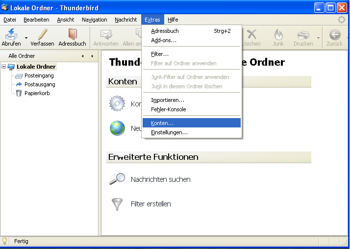 2.4 Thunderbird: So richten Sie ein neues E-Mail-Konto ein Öffnen des Konten-Assistenten Klicken sie im Menü auf Extras ->
