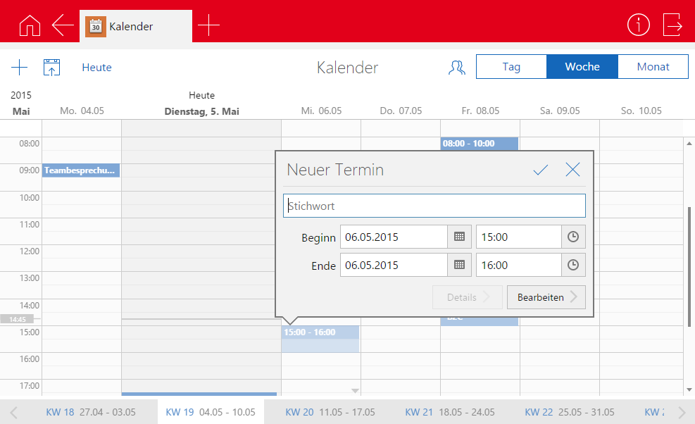 Timeclient online Kalender Im zugehörigen Formular bearbeiten Sie Stichwort, Beginn und Ende des Termins. Außerdem sehen Sie hier die Teilnehmer des Termins.