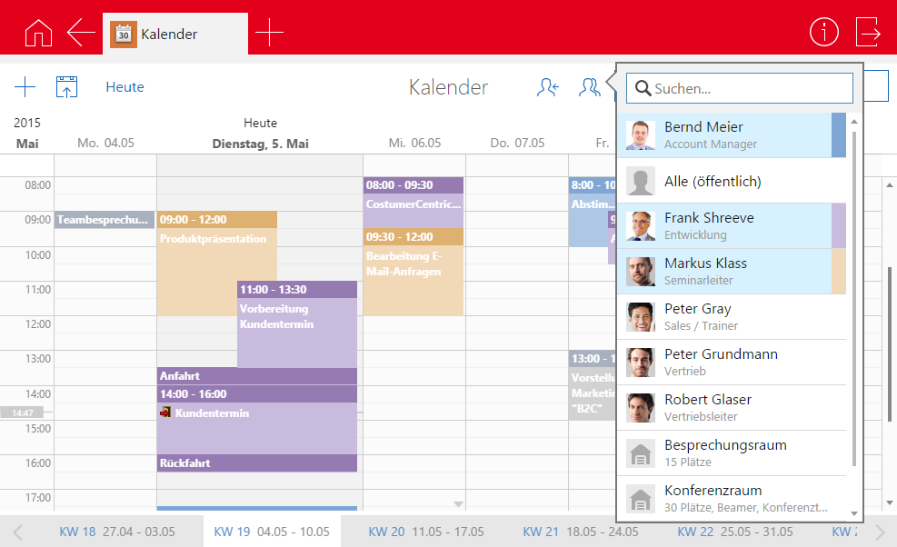 Timeclient online Kalender Klicken Sie auf die Schaltfläche Heute, um zum aktuellen Tag zu wechseln. Klicken Sie auf die Schaltfläche mit dem Teilnehmer-Symbol, um Termine anderer Benutzer anzuzeigen.