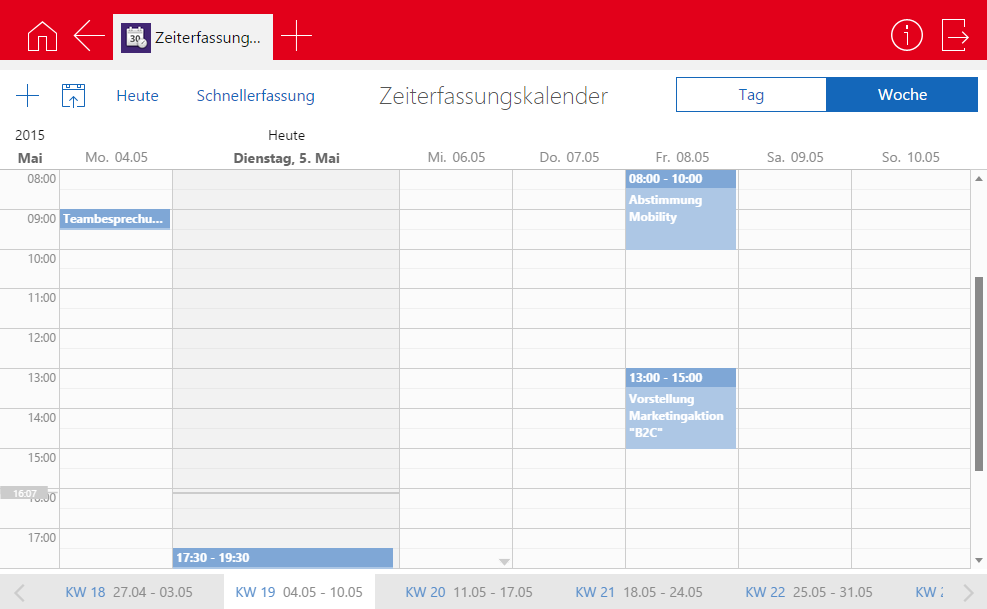 Timeclient online Projektmanagement 7.5 Zeiterfassungskalender In der App Zeiterfassungskalender werden Termine, Telefonate und Urlaub angezeigt, auf die Sie Zeit erfassen können.