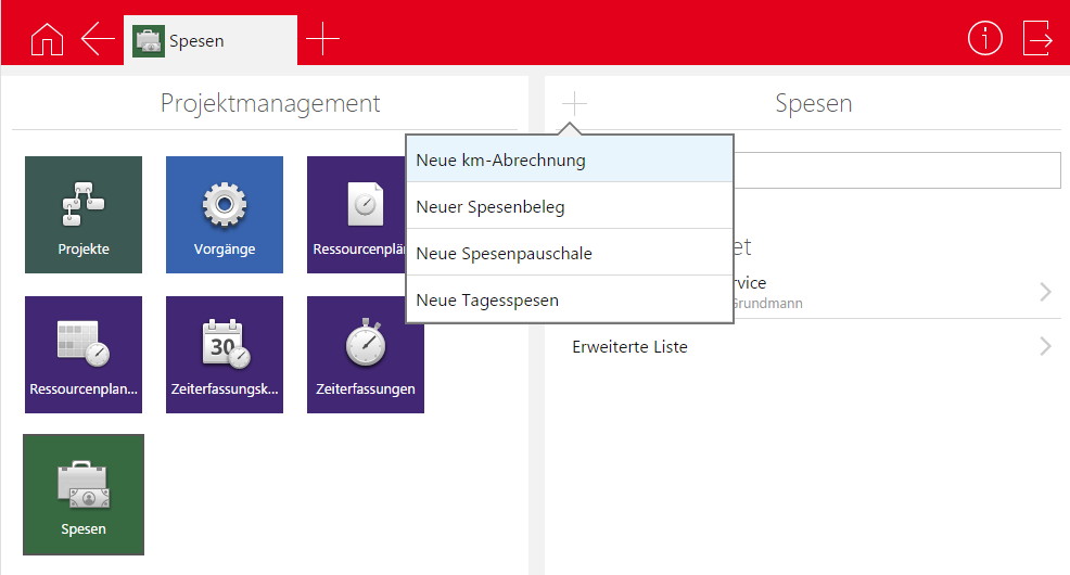 Timeclient online Projektmanagement 7.7 Spesen In der App Spesen legen Sie neue Spesen an, öffnen bestehende Spesen zur Bearbeitung und erstellen Berichte zu Spesen.