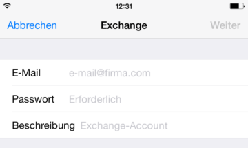 Mobile sync Abgleich einrichten Im folgenden Menü wählen Sie den Eintrag Account hinzufügen. Tippen Sie auf Exchange. Der Dialog zur Eingabe der Zugangsdaten zum Server öffnet sich.