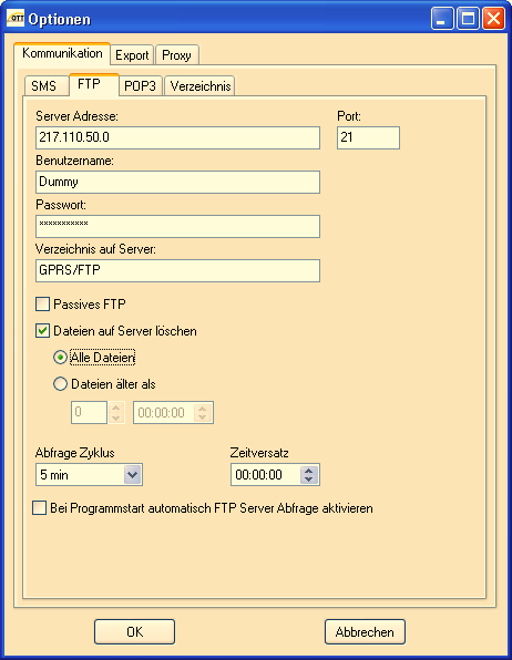 6 Konfigurieren der Abfrage eines FTP Servers Um die Abfrage eines FTP Servers zu konfigurieren, muss der Optionsdialog mittels dem Menüpunkt Datei Optionen angezeigt werden und der Karteireiter