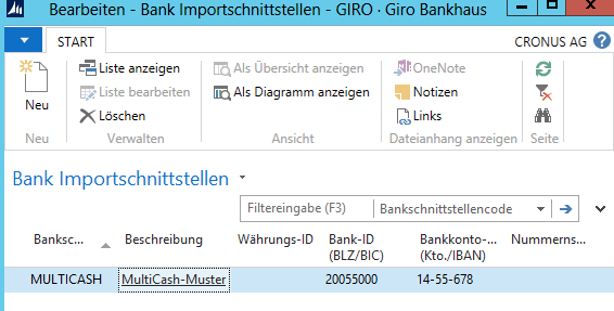 Die Tabelle Bank Importschnittstellen beinhaltet die folgenden Felder: Bankschnittstellencode Währungs-ID Bank-ID Bankkonto-ID Nummernserie Wählen Sie aus der Auswahlliste eine gültige Schnittstelle