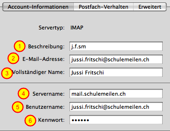 Mailadresse im Programm "AppleMail" einrichten: Schritt 5 Account-Informationen -> Richte ein IMAP Konto ein (oder passe es an) Du brauchst folgende Angaben -> 1: Beschreibung= spielt keine Rolle,