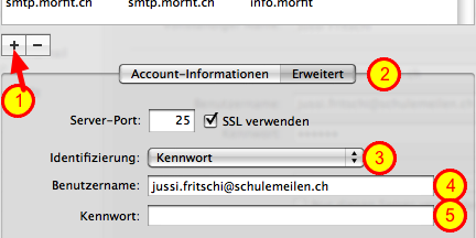 Mailadresse im Programm "AppleMail" einrichten: Schritt 6 - Account-Informationen : SMTP 1 Du musst einen SMTP-Server definieren. Das ist der "Postbote", über den du deine Mails verschickst.