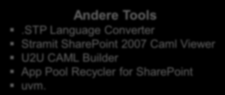 Bisherige Entwicklungswerkzeuge Visual Studio 2005/2008/2010 SharePoint Designer 2007 Templates für Visual Studio WSPBuilder (Codeplex) VS.NET Extensions 1.
