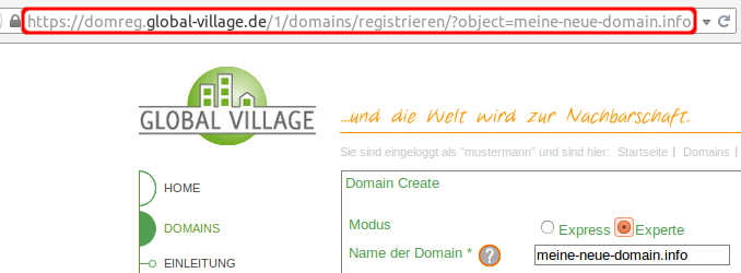 Es folgt das Domainformular. Bevor Sie fortfahren, sichern Sie sich die in der Adresszeile angezeigte URL: Indem Sie den Domainnamen in der URL von https://domreg.global-village.