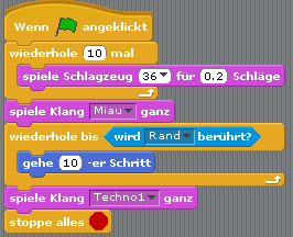 Erste Schritte mit Scratch 2 Klang Wähle im Skript einen orangen Startblock. Nun kannst du bei Klänge Klänge auswählen, die Scratch können soll.