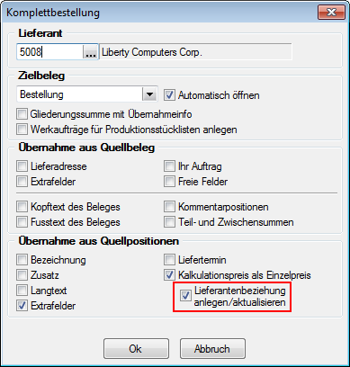 5.2 Belegübergabe Komplettbestellung Bei Komplettbestellungen und geteilten Bestellungen über die Einstellungen und Zusatzfunktionen (F12) oder kann bei Verwendung des Kalkulationspreises als