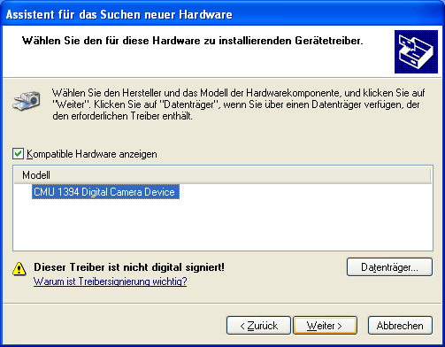 Anhang Abb. 8.22: Manuelle Treiberinstallation Windows XP Schritt 3 Wählen Sie im folgenden Dialog "Nicht suchen, sondern den zu installierenden Treiber selbst wählen".