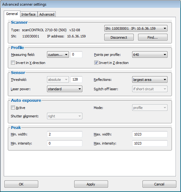 Arbeiten mit scancontrol Configuration Tools 3.9 Erweiterte Scanner-Einstellungen Der Dialog "Advanced scanner settings" bietet Ihnen erweiterte Einstellmöglichkeiten für das Messsystem scancontrol.