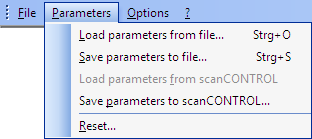 Arbeiten mit scancontrol Configuration Tools 3.15 Menüleiste Im Folgenden finden Sie eine Zusammenfassung der Funktionen der Menüleiste (siehe Abb. 3.54). 1 2 3 4 Abb. 3.54: Menüleiste 1 - File: 2 - Parameters: Abb.