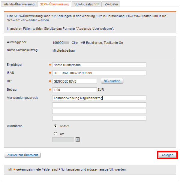 Mit SEPA-Überweisung hinzufügen öffnen Sie das einzelne Überweisungsformular. Füllen Sie das Formular aus, und klicken anschließend auf Anlegen.