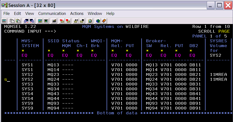 3. Screen für WebSphere MQ ISPF Panels Platzieren Sie Im aktuellen SDSF Screen den Cursor in der COMMAND INPUT Zeile und geben Sie split new ein (wieder ohne Anführungszeichen) Ein neuer SYSTEM