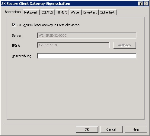 Aktivieren oder Deaktivieren eines 2X-Gateways in der Server-Farm Festlegen des Ports eines 2X Secure Client Gateway Das 2X-Gateway nutzt standardmäßig TCP-Port 80, um sämtlichen