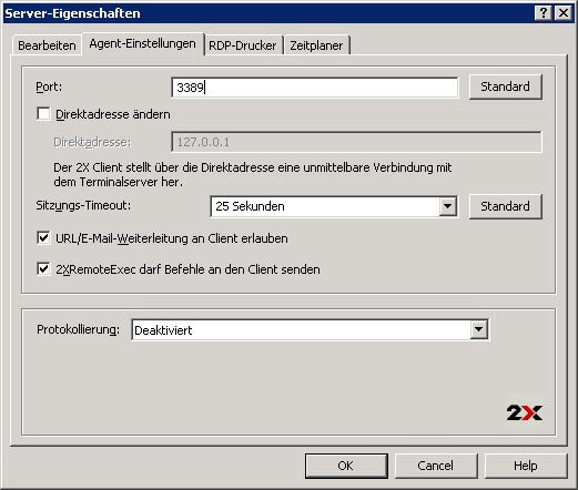 Konfigurieren des 2X Terminal Server Agent in den Terminalserver-Eigenschaften Konfigurieren des Ports für Remote-Desktop-Verbindungen Falls auf dem Terminalserver ein nicht standardmäßiger Port für