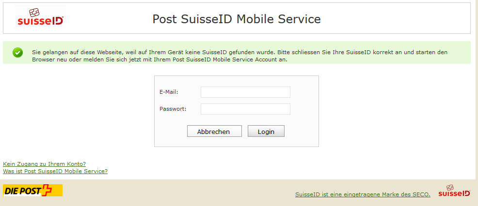 Mobile Service der Post 5. Klicken Sie auf dieser Seite auf das Symbol geben Sie Ihr Kennwort der SuisseID ein und bestätigen mit <<Enter>> 6.