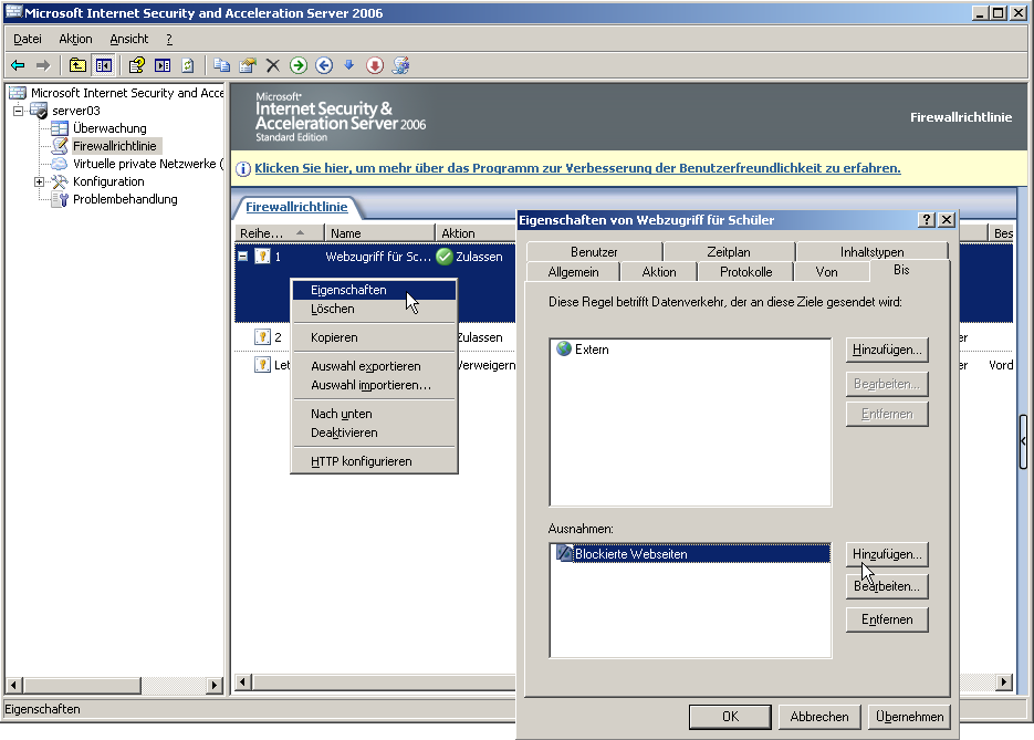 ISA-Server 2006 Abbildung 198: Zuweisen der verbotenen Seiten zu einer Zugriffsregel 13.4.5 Anwendungs- bzw. Webfilter erstellen Bisher wurde die Kommunikation in erster Linie bzgl.