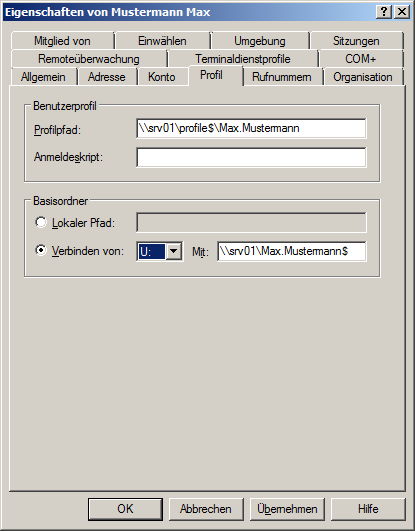 Benutzerverwaltung in einer Domäne Basisordner des Benutzers: Dieser Ordner dient dem Benutzer für die Ablage seiner Dateien und ist somit ein persönlicher Ordner.