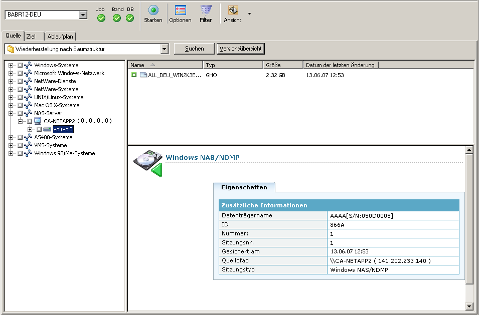 Verwalten von Wiederherstellungsvorgängen Wiederherstellung nach Baumstruktur NAS-Server werden auf dem Bildschirm "Quelle" angezeigt.