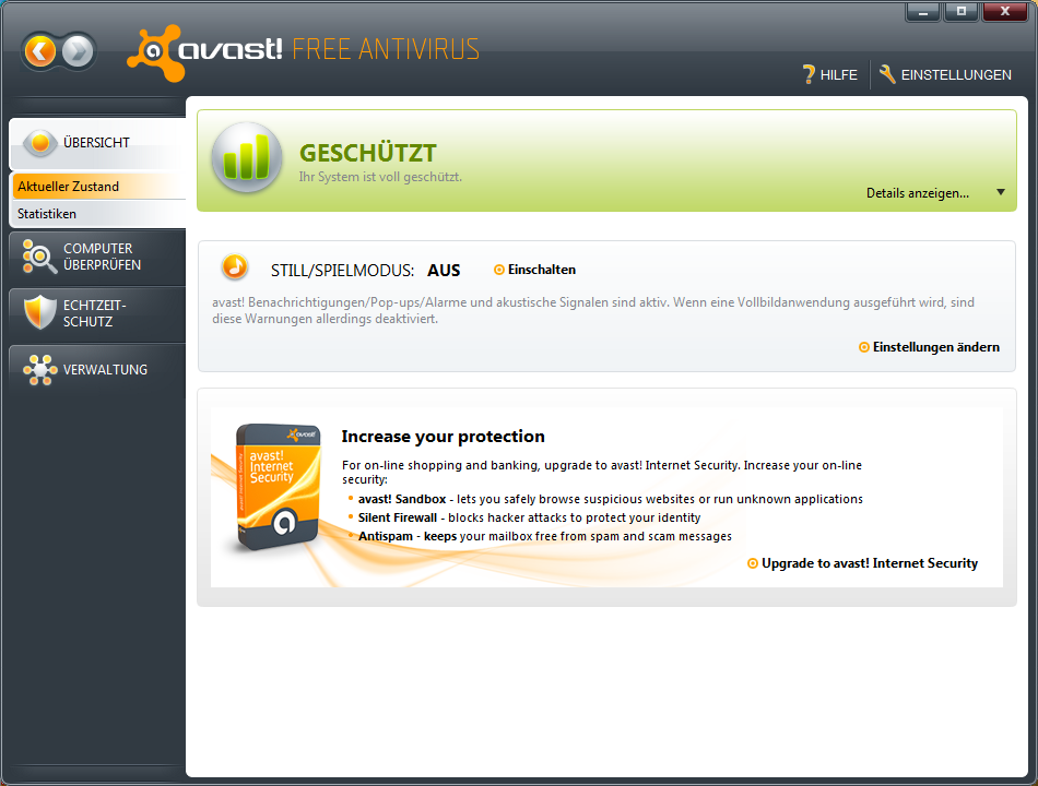 Kurzanleitung AVAST 5 FREE ANTIVIRUS Kostenlose Nutzung ausschließlich für Privatanwender! Allgemeine Information zu Verwendung: Im Hauptfenster hast du Zugriff auf alle wichtigen Information.