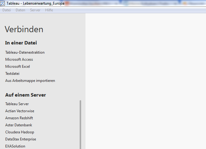2) Tableau Datenimport (1) Beim Öffnen von Tableau können wir sofort eine Verbindung zu Daten herstellen (Abb. 3). Dabei werden verschiedene voreingestellte Datenquellverbindungen angeboten.
