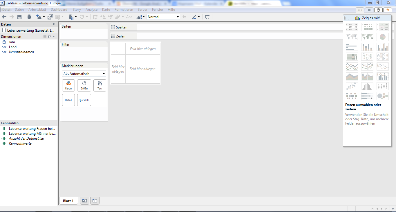 3) Erstellung verschiedener Tableau-Arbeitsblätter (1) Nun haben wir die Daten in Tableau importiert und können mit der Visualisierung beginnen. Eine kurze Erklärung zum Layout in Abb. 6.