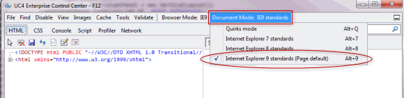 Kapitel 4 Installation 19 Im folgenden Beispiel mit der Internet Explorer Version 9 (IE9), wird Internet Explorer 9 Standards ausgewählt.