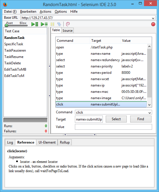 Abbildung 4: Selenium IDE mit in der PG verwendeter, geöffneter Testsuite können Benutzereingaben generiert und auf der Weboberfläche simuliert werden, um beispielsweise automatisch Eingabeformulare