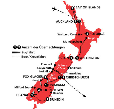 des Fox-Gletschers Pancake Rocks in Punakaiki TranzAlpine-Panoramazug NEUSEELAND Reiseprogramm 1. Tag Fr: Auckland Nach Ihrer Ankunft organisierter Transfer zum Rundreise-Hotel.