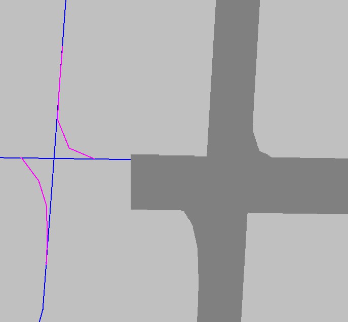 3.Vorüberlegung und Umsetzung des Simulationsmodells 19 Abbildung 9: Links: Verbindungsstrecken (lila) und Strecken in Drahtgitteransicht, rechts: Straßenansicht des selben Verkehrsnetzausschnittes